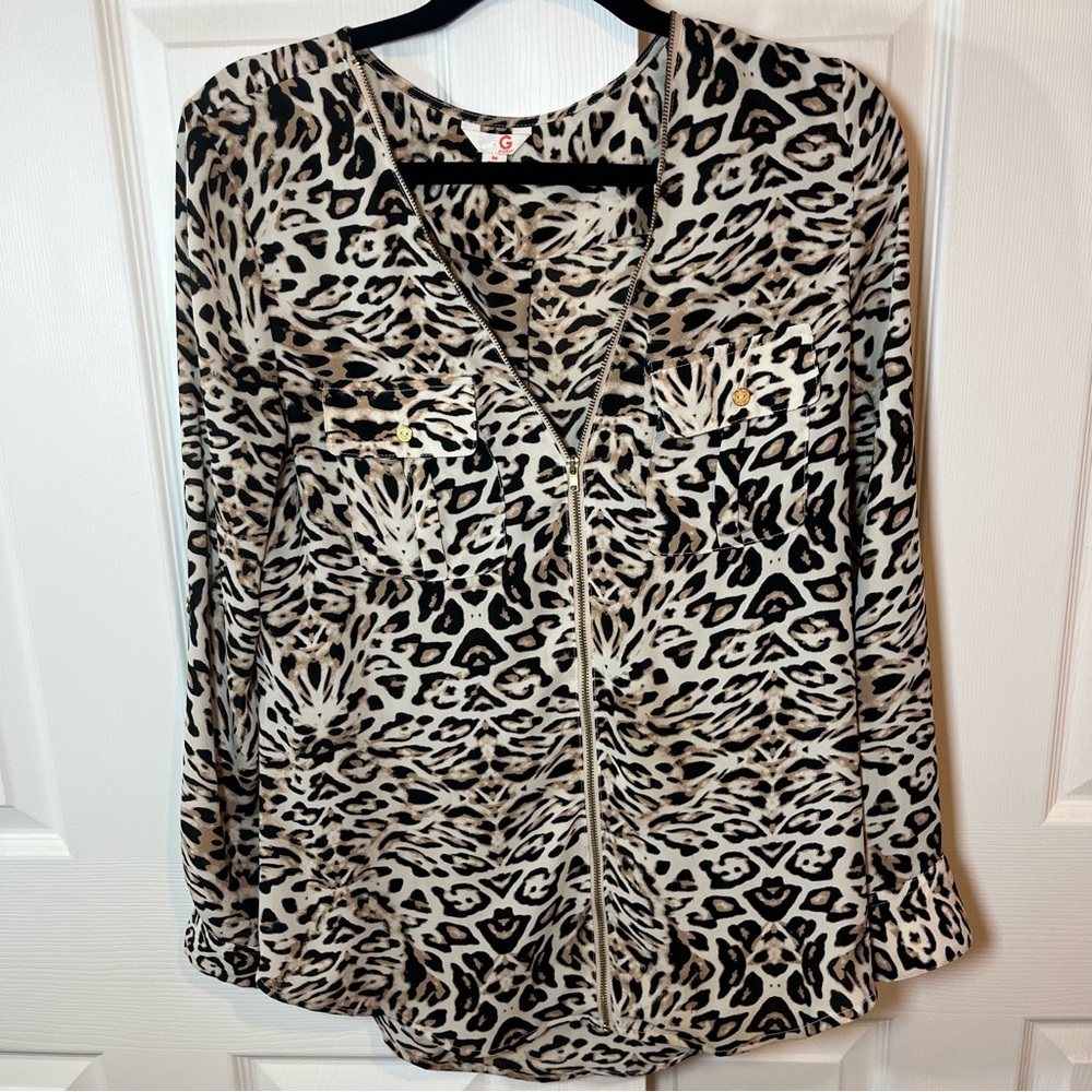 G by Guess Black and Tan Leopard Animal Print Blouse Size Medium